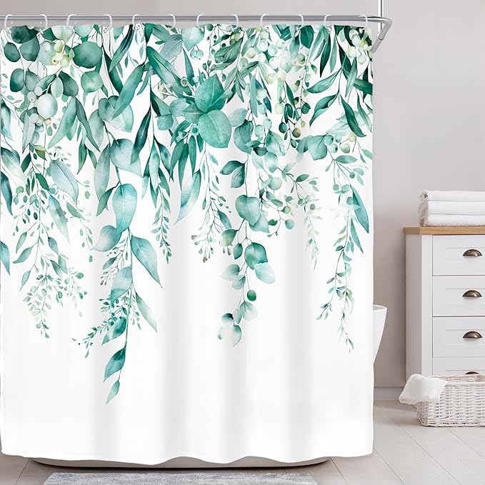 Riyidecor Teal Eucalyptus Leaves Shower Curtain for Bathroom Decor 60Wx72H Botanical Plants Spring Flower Herbs Botany Floral Art Printed Fabric Polyester Waterproof 12 Pack Plastic