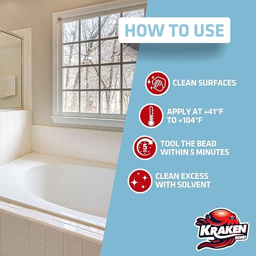 Kraken Bond Premium Kitchen and Bathroom Silicone Caulk Clear - (2x10.1 fl.oz) RTV Clear Silicone Sealant Waterproof for Kitchen, Bathroom, Shower, Sink, Anti Shrink 100% Silicone Caulking | 2 Pack