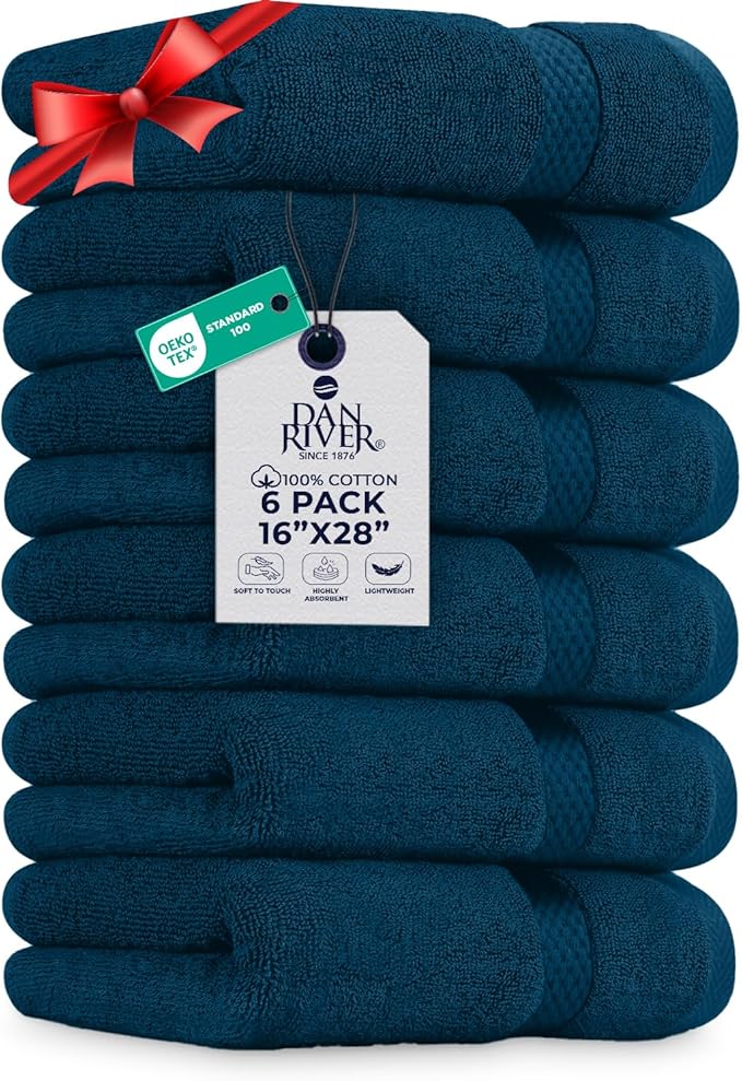 DAN RIVER 6-Pack Premium Hand Towels (16x28 Inches) - 100% Cotton, Ultra Soft, Lightweight, Highly Absorbent Towels for Bathroom, Spa, Gym, Salon, Hotel, and Travel - 550 GSM,Opal Blue
