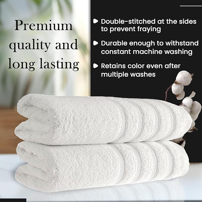 HALLEY Turkish 4 Pack Premium Bath Towels (4 Pieces) 650 GSM Highly Absorbent Super Soft 100% Cotton - 4 Bath Towels (White)