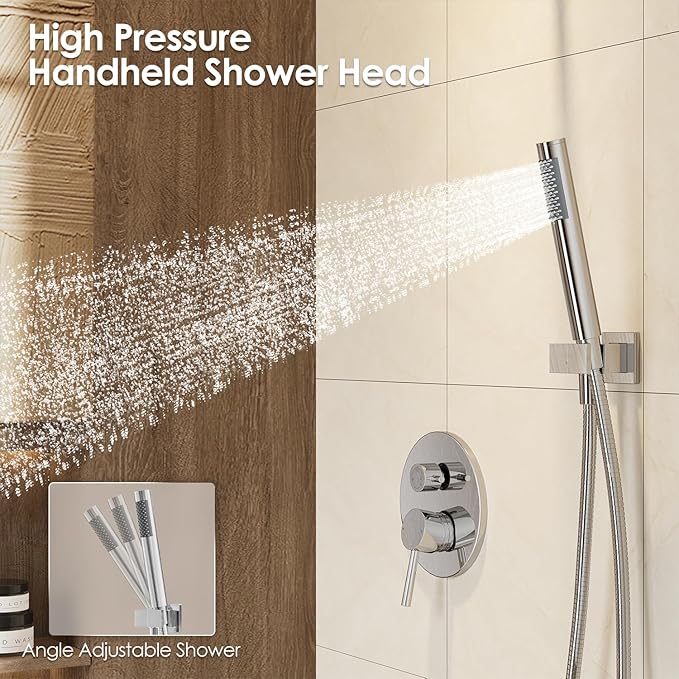 Gabrylly Shower System with Tub Spout, Bathtub Shower Faucets Set with 3-Way Shower Valve, High Pressure 10" Rain Shower head with Handheld Spray Combo, Wall Mounted Rainfall Shower Head Set, Chrome