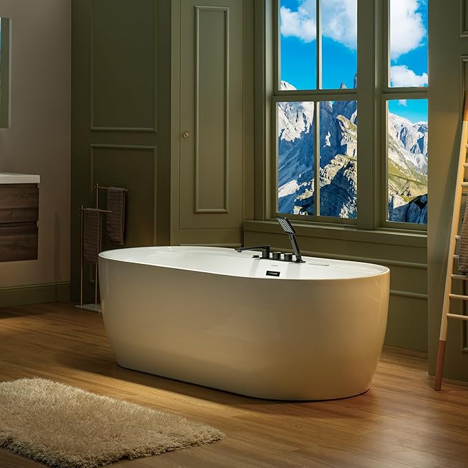 WOODBRIDGE 72" x 35-3/8" Whirlpool and Air Bath Heated Soaking Combination Tub with Adjustable Speed Air Blower, Tub Filler, and LED control panel, Matte Black Finish Trim and Drain Kit, BM500+F0051MB