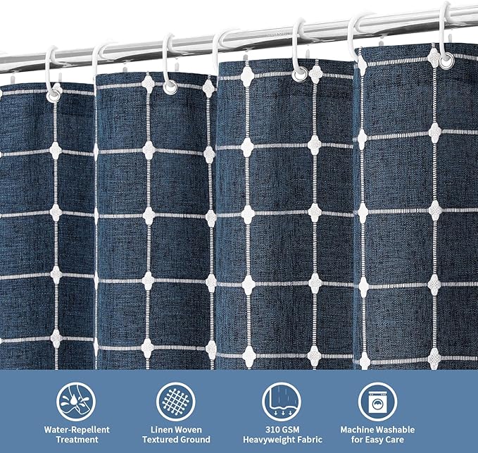 MitoVilla Navy Blue 72 x 78 Farmhouse Shower Curtain, Boho 78 inch Long Polyester Linen Tassel Fabric Shower Curtain Set for Chic Cottagecore French Rustic Bathroom Decor