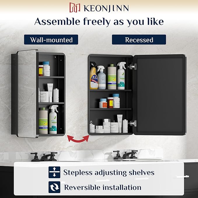 Keonjinn 20 x 32 Inch Black Mirrored Medicine Cabinet, Recessed Medicine Cabinets for Bathroom, Gloss Black Stainless Steel Framed, Adjustable Shelves, In Wall or Surface Mount, Sturdy & Heavy, Modern