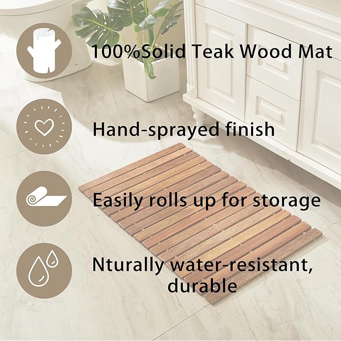 Teak String Shower Mat,Wood Non Slip Bath Mats for Bathroom, Quick Dry Bath Tub Mat for Spa, Sauna, Pool, Hot Tub Flooring Decor and Protector(19.7" W x 31.5" L)