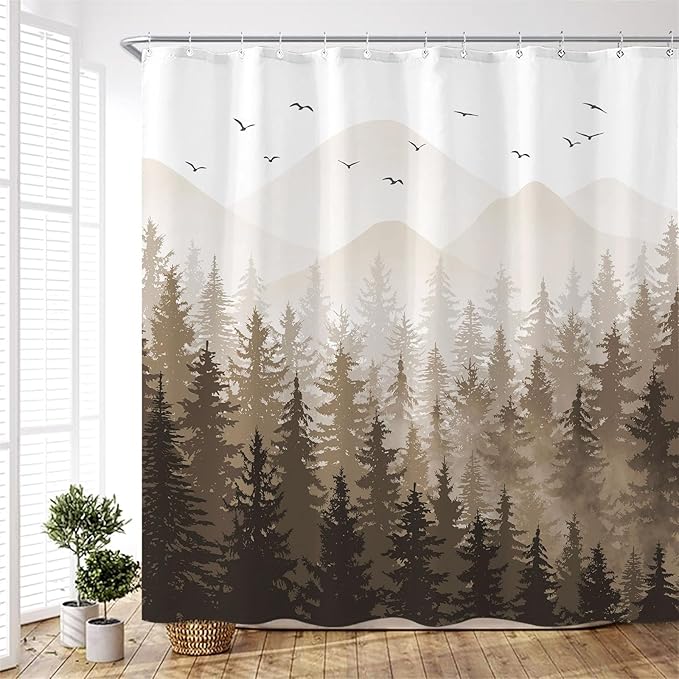 Aipon Brown Misty Forest Shower Curtain Ombre Nature Tree Plants Shower Curtains Fabric Waterproof Mountain Shower Curtain Sets for Bathroom Bath Decor with 12 Hooks (Brown, 72'' × 84'')