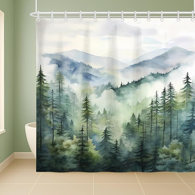 Coveted Goods 72" x 84" Mountain Forest Shower Curtain, Misty Pine Tree Landscape, Waterproof Polyester, Includes Grommets and Hooks, Machine Washable Nature-Inspired Bathroom Decor