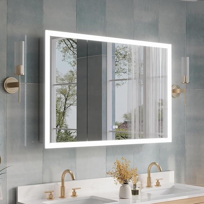 WELLFOR 48 x 32 Inch LED Medicine Cabinet with Lights, 3X Magnification Makeup Mirror, Bathroom Vanity Mirror Cabinet with Storage, Defogging Function, LED Medicine Cabinet Mirror, Three Opening Doors