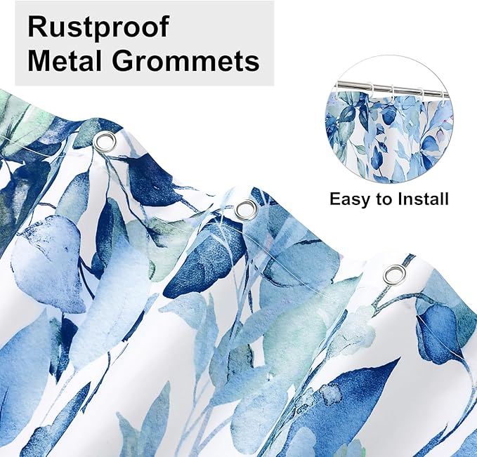 Colorful Star Blue Eucalyptus Waterproof Shower Curtain Set with Hooks, Minimalist Watercolor Floral Print Bathroom Décor, Plant Leaves Washable Fabric Shower Curtain, 72 x 84 Inch