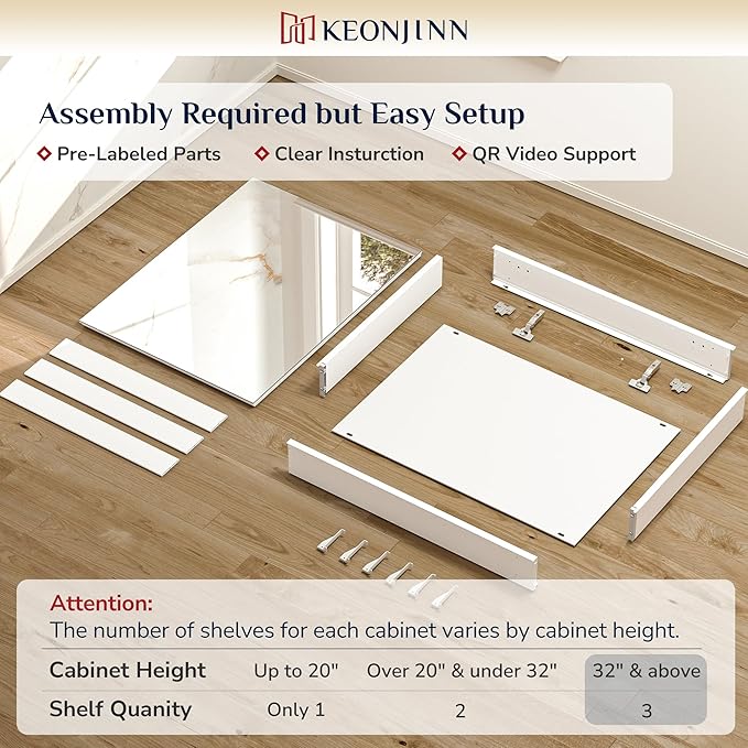 Keonjinn 40 x 32 Inch Large Medicine Cabinet Mirror, Assembly Required, White Bathroom Medicine Cabinets, Aluminum Framework, Adjustable Shelves, Tempered Glass, Soft Closing, Recessed or Wall Mount