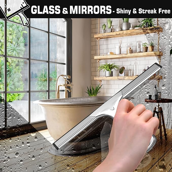 Stainless Steel Shower Squeegee for Glass Doors with 2 Adhesive Hooks, All-Purpose Squeegee for Bathroom Cleaner Tool Household Window Mirror Squeegee, Cleaning Tile Wall, Car, 12 Inch Silver