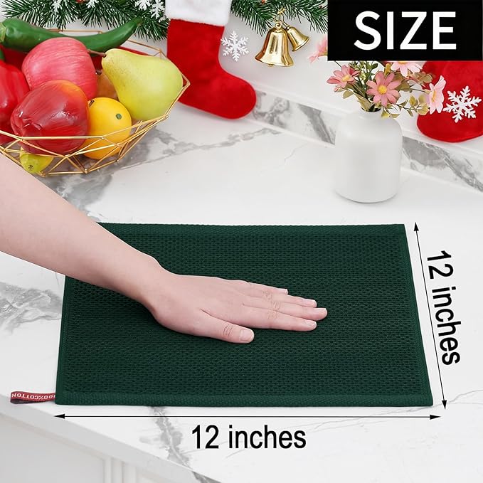 Homaxy 100% Cotton Waffle Weave Kitchen Dish Cloths, Ultra Soft Absorbent Quick Drying Dish Towels, 12 x 12 Inches, 12-Pack, Blackish Green