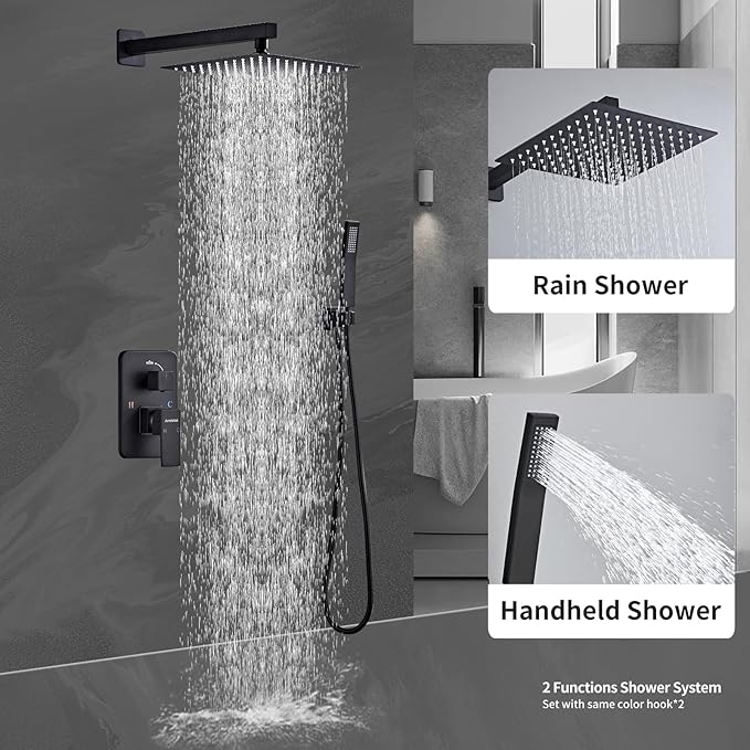 Shower Faucet Set with Brass Durable Trim, 10 Inch Square Rainfall Shower Head, High Pressure Handheld Shower, Easy-Clean Silicone Nozzles, Wall Mounted Black Shower System