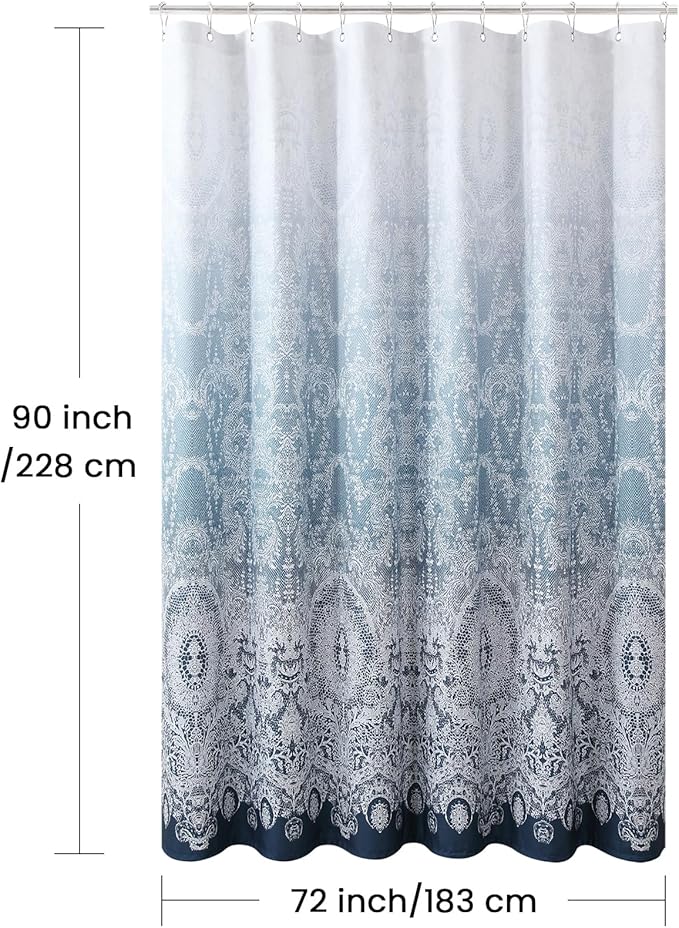 90 Inch Extra Long Shower Curtain - Chantilly Lace Design, Heavyweight Polyester, Storm Blue to White Ombre, 72" W x 90" H