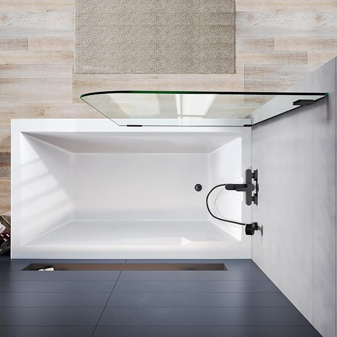 Bathtub Shower Door, 30" W X 58" H Fixed Tub Glass Panel with Clamps, 1/4"(6mm) Clear Tempered Frameless Shower Glass Door, Tub Shower Doors in Matte Black