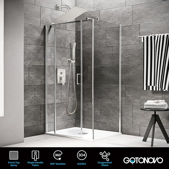 gotonovo Rainfall Bathroom Shower System Rain Shower Head and Handle Set Wall Mounted Shower Complete Combo Solid Brass Pressure Balancing Shower Mixer Valve 8 Inch Brushed Nickel