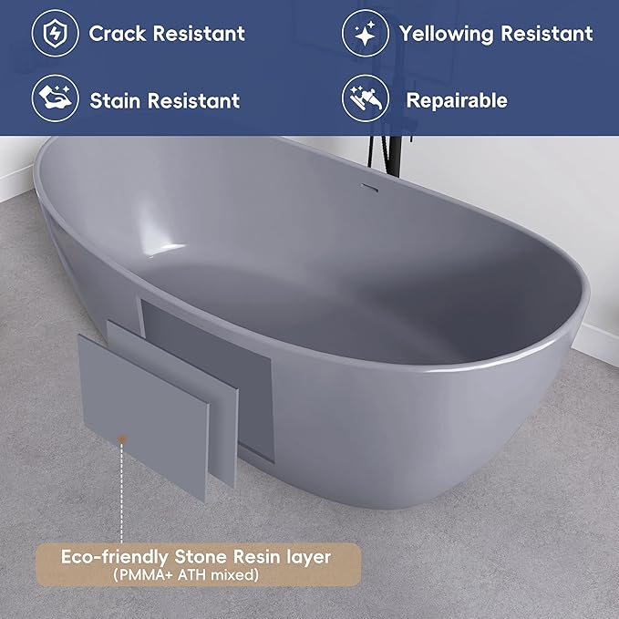 SJ STAR&JANE 65" Solid Surface Freestanding Bathtub Stone Resin Soaking Tub Light Gray Double Slippers Stand Alone Oval Tub with Pop-up Drain and Overflow for Bathroom