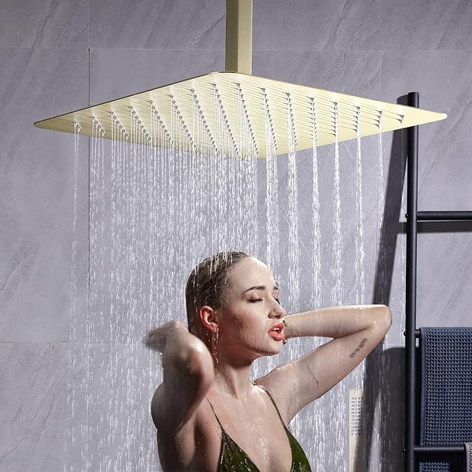 Brushed Gold Shower System with 12 inch Ceiling Mounted Shower Head and Handheld Shower, 4 PCS Body Jet, with Digital Temperature Display Function
