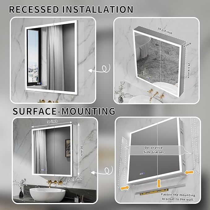 GroGro LED Lighted Bathroom Medicine Cabinet with Mirror,30" W x 30" H Medicine Cabinet with Lights,Surface or Recessed Mounting,Defog,Dimming,3-Color Temperature Adjustment