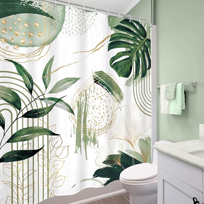 Green Boho Shower Curtain 60Wx72H Sage Green Bohemian Modern Abstract Tropical Palm Leaves Plant Mid Century Bathroom Decor Minimalist Geometric Bath Curtain Fabric Polyester 12 Pack Hooks