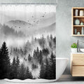 Riyidecor Black and White Shower Curtain 48Wx72H Inch,Stall Narrow Rv Small Nature Woods,Landscape Scenery Pine Tree Woodland Rustic Cool Mens Bathroom Decor Fabric Polyester Waterproof 12 Pack Hooks