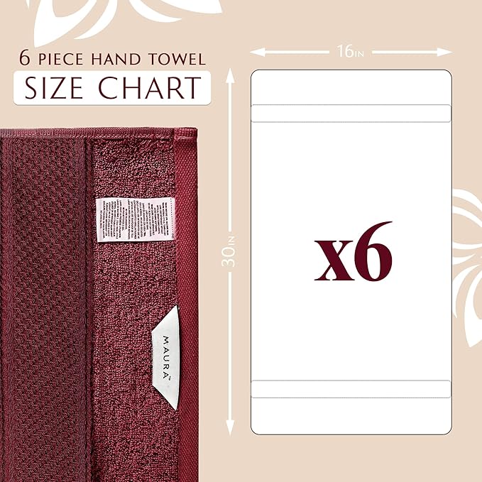 MAURA Wine Red Hand Towels for Bathroom. Luxury Turkish Cotton Bath Hand Towels Set of 6. Ultra-Soft, Thick & Plush - Burgundy