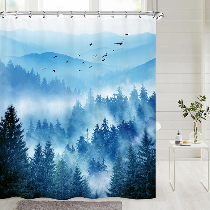 Riyidecor Mountain Shower Curtain 60Wx72H Inch Blue Foggy Nature Scenery Smokey Pine Tree Landscape Natural Woodland Mens Bathroom Decor Fabric Polyester Waterproof 12 Pack Hooks