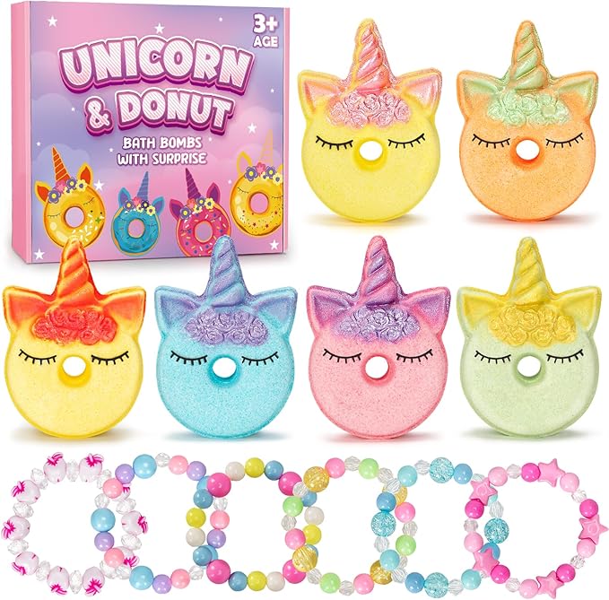 Unicorn Bath Bombs for Kids with Surprise Inside, 6 Pcs Organic Natural Bubble Bath Bombs for Girls,Christmas Birthday Gift for 3 4 5 6 7 8 Year Old Girl,Princess Bath Bomb Kit with Beautiful Toys