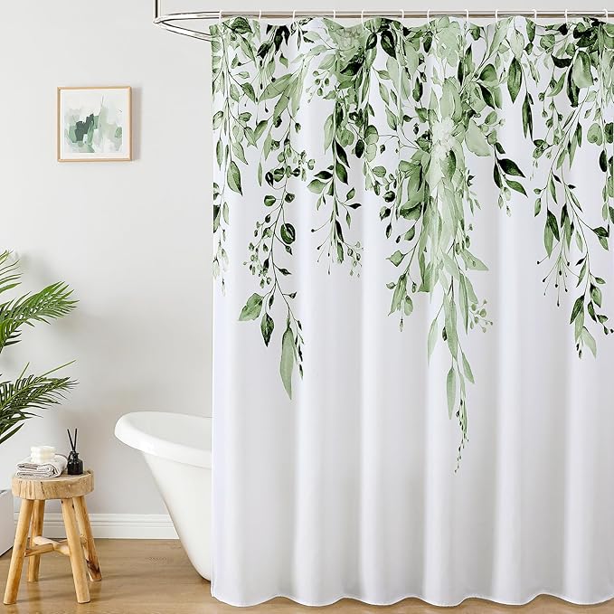 Colorful Star Olive Green Eucalyptus Waterproof Shower Curtain Set with Hooks, Minimalist Watercolor Floral Print Bathroom Décor, Plant Leaves Washable Fabric Shower Curtain, 72 x 72 Inch