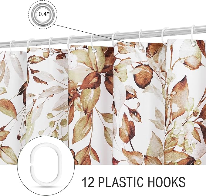 Gibelle Long Shower Curtain 72 x 78, Brown Floral Shower Curtain for Bathroom, Watercolor Plant Eucalyptus Leaves Fabric Shower Curtain Set