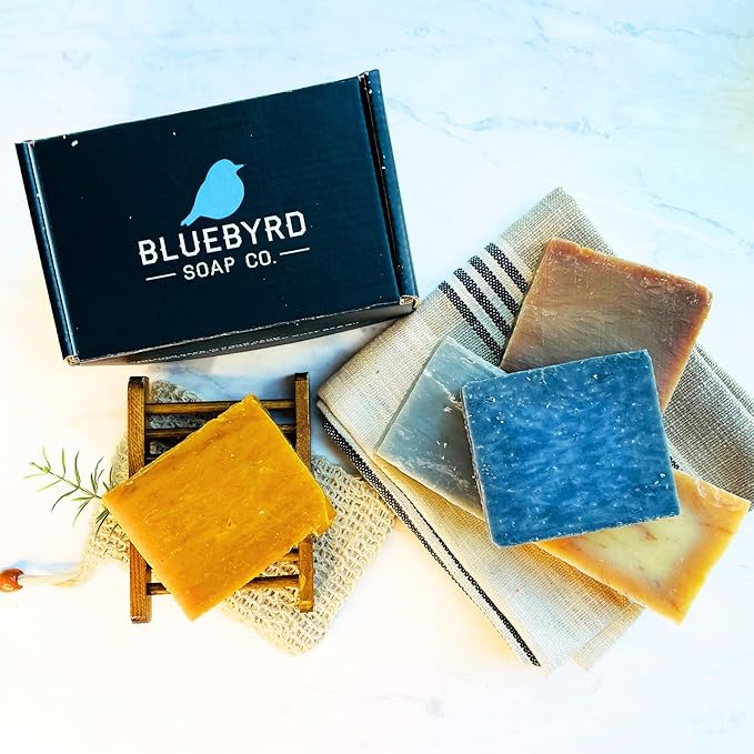 BLUEBYRD SOAP Men's Natural Bar Soap Gift Set (5 Bars) | Masculine Soap Bars Variety Pack - Bay Rum, Citrus Cedar Sage, Sandalwood, Frankincense, Exfoliating Pumice (Mens Original)
