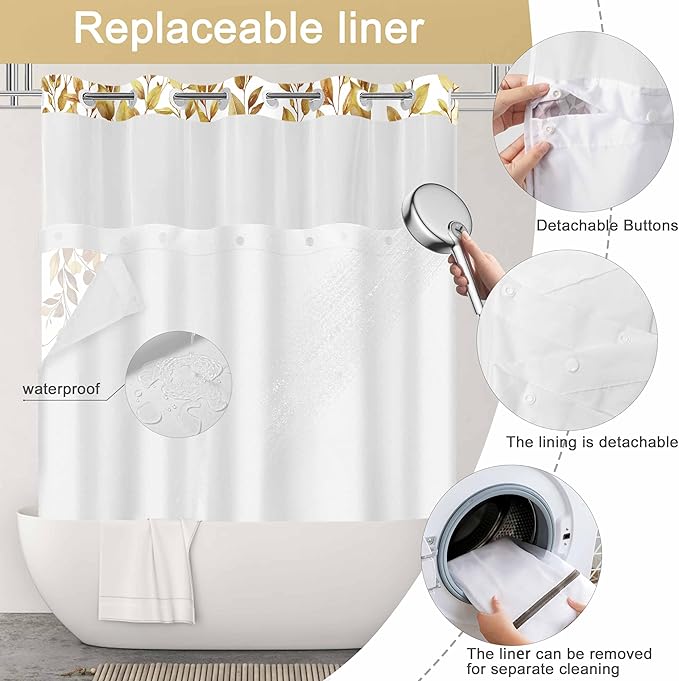 No Hook Shower Curtain and Liner Set, Yellow Eucalyptus Floral Shower Curtains for Bathroom, Bath Curtain Sets with Snap in Liner, Waterproof with See Through Top Window, 71x77 Inches