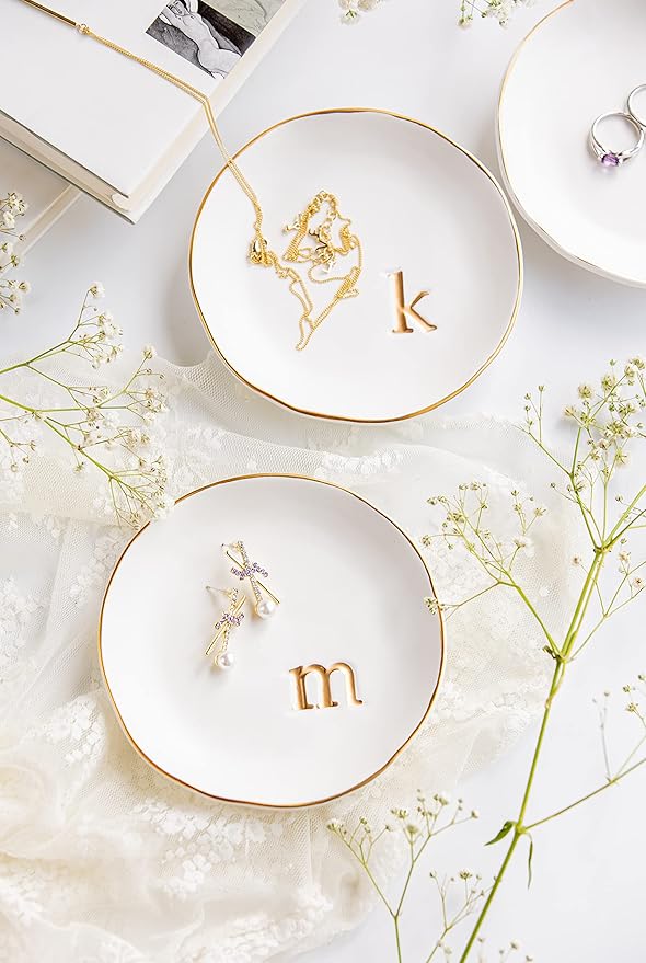 COLLECTIVE HOME - Ceramic Jewelry Tray, Decorative Trinket Dish for Rings Earrings Necklaces Bracelet Watch Keys, Birthday Mother's Day Christmas Gift for Women, 4.75", White Surface (H)