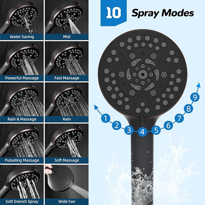 Hibbent 5-spray Dual Filtered Rainfall Shower Head Combo, High Pressure 13'' Showerhead with 10 Spray Handheld, Easy Reach 4-way Diverter Arm with Pause Mode, 71'' Hose & Holder, Oil-Rubbed Bronze