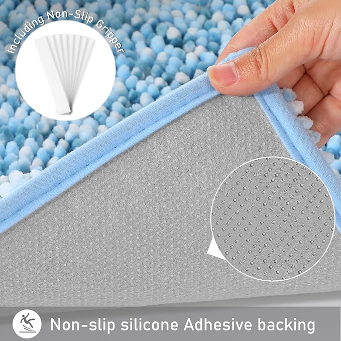 Yimobra Luxury Bathroom Rugs, 47x24, Extra Soft Chenille Mats for Bathroom Non Slip, Fluffy Long Matts for Tub, Plush Shaggy Carpet Runner, Water Absorbent, Machine Washable, Blue & Light Blue