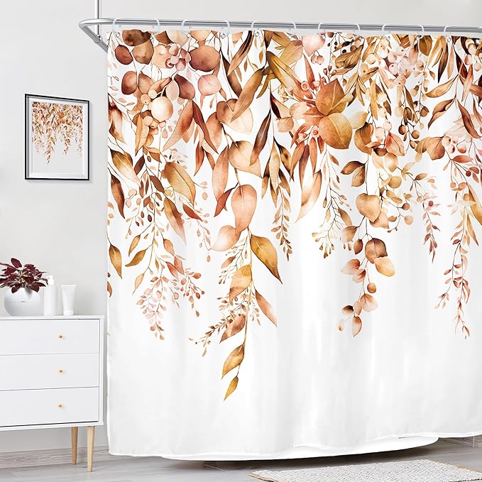 Riyidecor Burnt Orange Fall Autumn Shower Curtain for Bathroom Decor 72Wx72H Eucalyptus Botanical Leaf Plants Watercolor Floral Nature Art Printed Fabric Polyester Waterproof