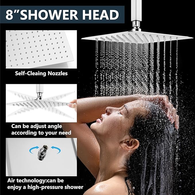 Aolemi Ceiling Mount Shower System Rain Shower Head with Handheld Spray High Pressure Shower Faucet Set Rough-in Valve Shower Trim Kit Included Bathroom Polish Chrome 8 Inch Ceiling Shower Head