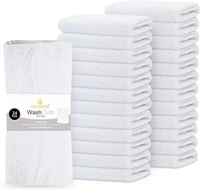 GOLD TEXTILES 24 Pack Economy White Washcloths Set (12x12 inches) - Cotton Blend Commercial Grade Cleaning Rags, Quick Drying & Soft Face Cloths, Fingertip Towels for Bathroom, Spa, Gym, and Kitchen