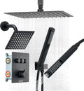 VEVOR Shower Faucet Set, 12 Inch Thermostatic Ceiling Mount Rainfall Shower System with 6 Inch Wall Mount Head and 2 in 1 Handheld Spray, 3-Function Dual Rain Head Brass Valve & Trim Kit, Matte Black