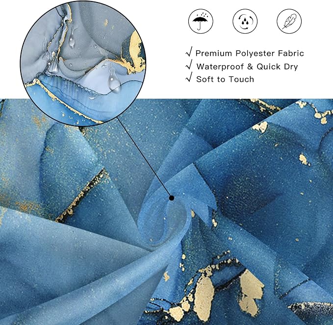 Blue Marble Shower Curtain, Modern Abstract Fabric Shower Curtains for Bathroom, Luxury Art Ink Texture Watercolor Shower Curtain Set with Hooks 72x72