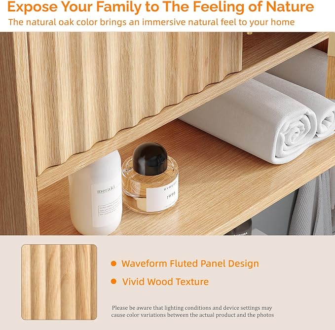 VINGLI Fluted Modern Medicine Cabinet,Bathroom Wall Cabinet Over Toilet Storage, Upper Floating Countertop Storage for Bathroom, Laundry Room,Small Hanging Kitchen Wall Cabinets (Natural Oak Color)