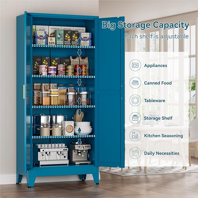 Metal Kitchen Pantry Cabinet,71" Tall Blue Pantry Cabinet with 2 Doors and 4 Adjustable Shelves, Farmhouse Storage Freestanding Cupboard for Kitchen,Home Office Living Room,Dining Room