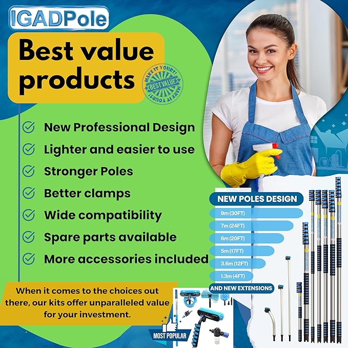 IGADPole 28 FT Water-Fed Washing Kit with Soap-Dispenser, Brush, 10″ Squeegee & Cobweb Duster for Windows, Gutters, Solar Panels & Exterior Walls