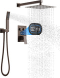 Push Button Diverter Shower Faucet Set Hydro Power Temperature Display, Shower System 10 Inches Shower Head with Handheld Spray, Wall Mounted Shower Fixtures with Valve and Trim Kit, Oil Rubbed Bronze
