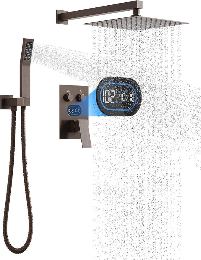 Push Button Diverter Shower Faucet Set Hydro Power Temperature Display, Shower System 12 Inches Shower Head with Handheld Spray, Wall Mounted Shower Fixtures with Valve and Trim Kit, Oil Rubbed Bronze