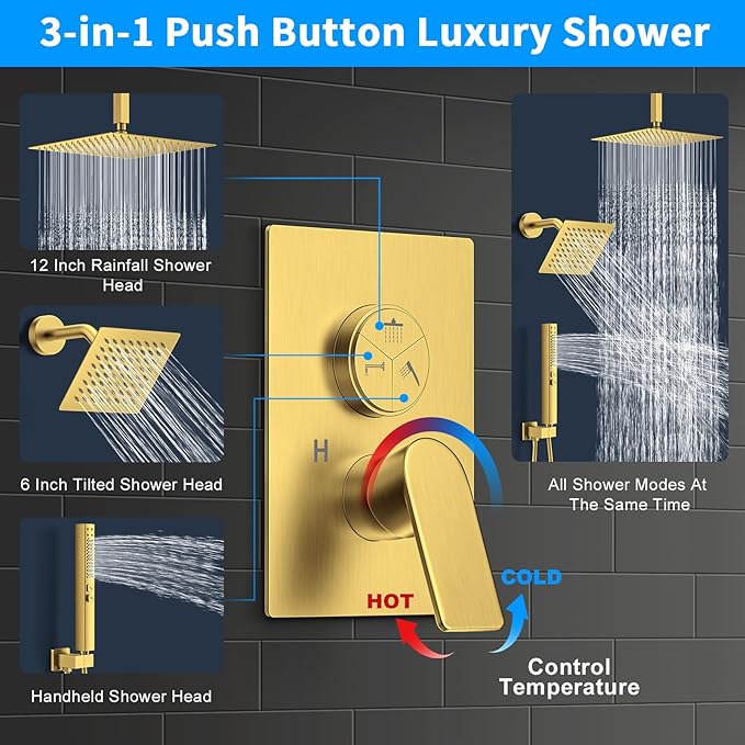 Shower Faucet Set, 3-Setting Push Button Brushed Gold Shower System, 12 Inch Ceiling Mounted Shower Head, 6 Inch Wall Mounted Rain Shower Head with 2 in 1 Handheld Spray, Shower Valve Trim Kit