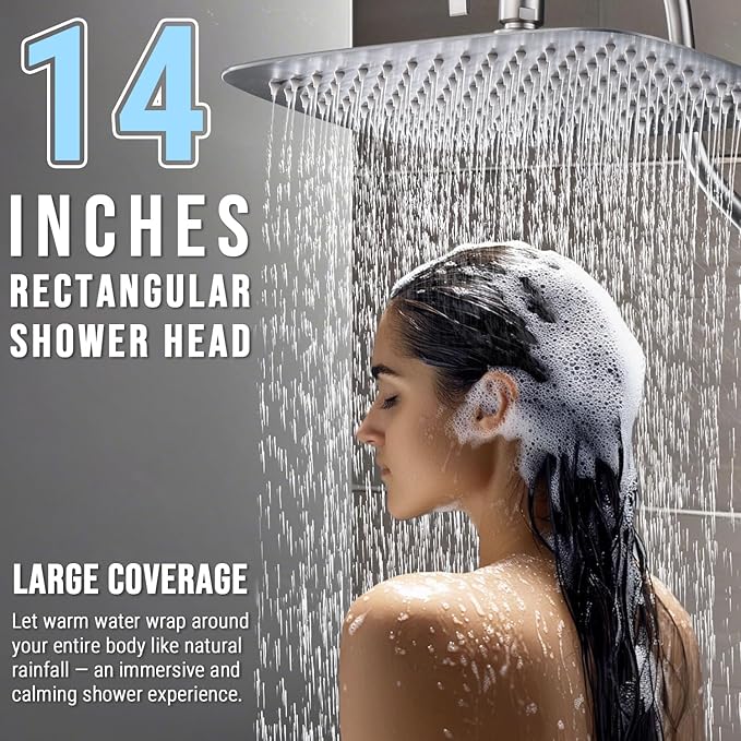 G-Promise 14 Inches Shower faucet Sets Complete, All Metal Rainfall Shower Head and Handle Set, Extended Downward Diverter, Extension Arm Pressure Balance Rough-in Valve and Tub Spout Included