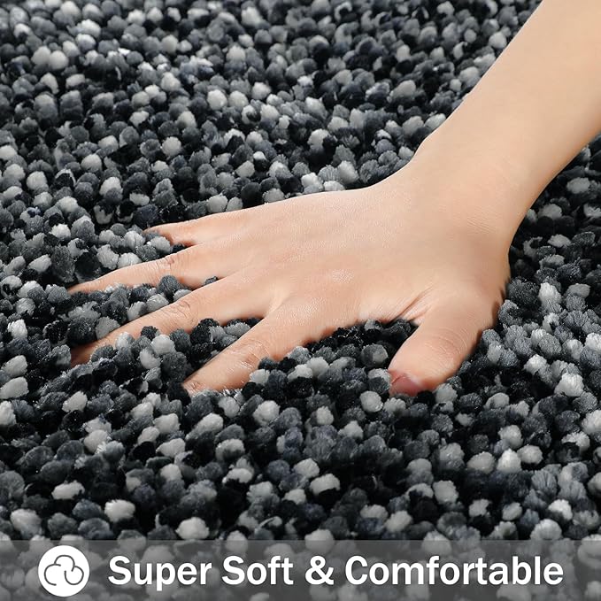 Yimobra Luxury Chenille U-Shaped Toilet Rug, Super Soft Shaggy Contour Bath Mat for Bathroom Floor, Fluffy, Water Absorbent, Non Slip, Machine Washable, Dry Quickly, 24''x 20'', Black & Dark Grey