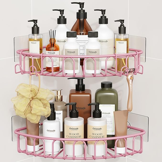 Orimade Corner Shower Caddy with 2 Hooks Wall Mounted Metal Bathroom Shelf Storage Organizer Adhesive No Drilling 2 Pack, Pink Only for 90-Degree Corner
