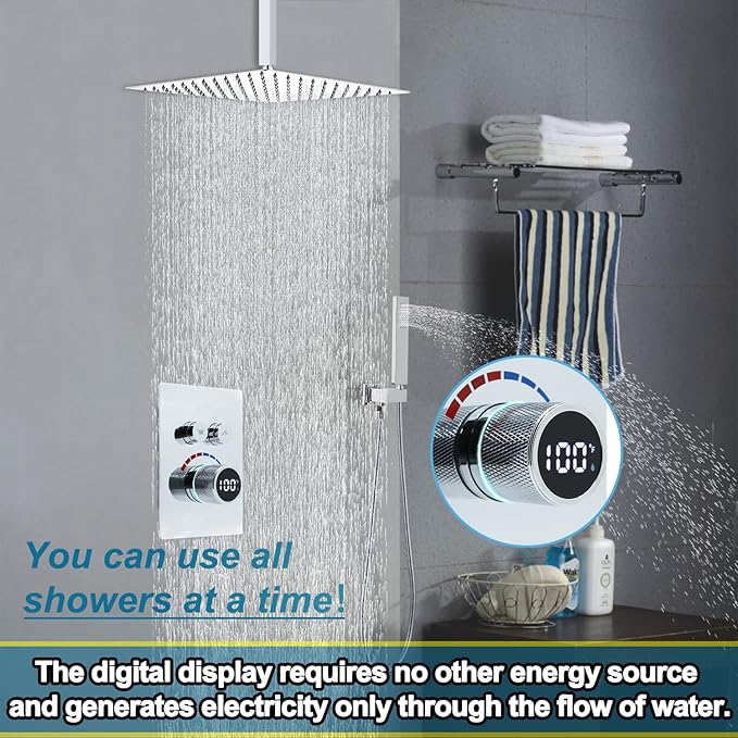 Digital Display Shower System Set 16 Inches Rain Fall Head Temperature Valve Shower Handheld Shower Head Sets for Bathroom Concealed Installation